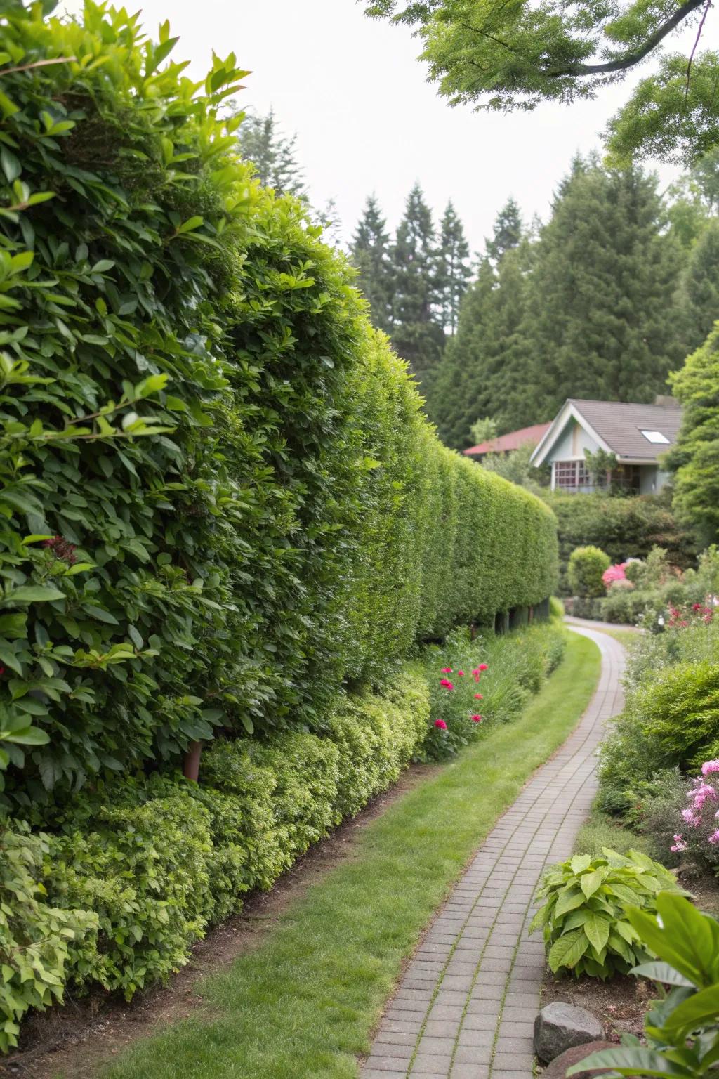 A living fence composed of dense shrubs providing privacy.