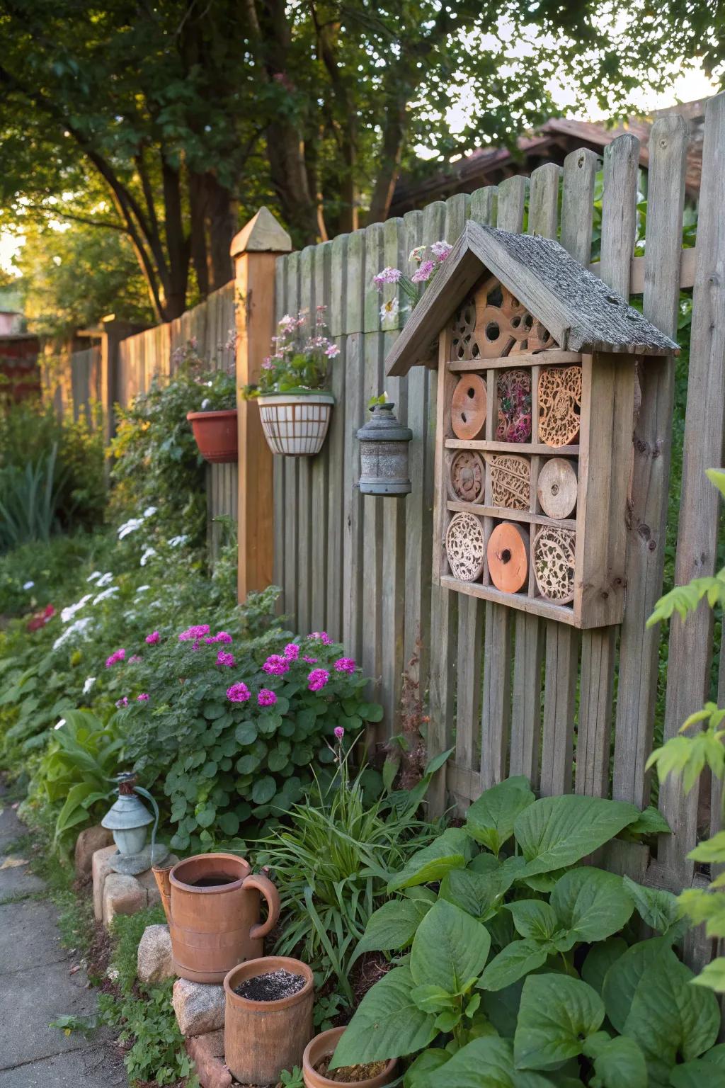 Bug hotels support wildlife and add interest to your fence.