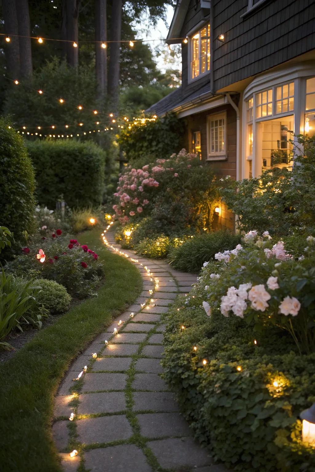 Fairy lights add an enchanting glow to garden paths.