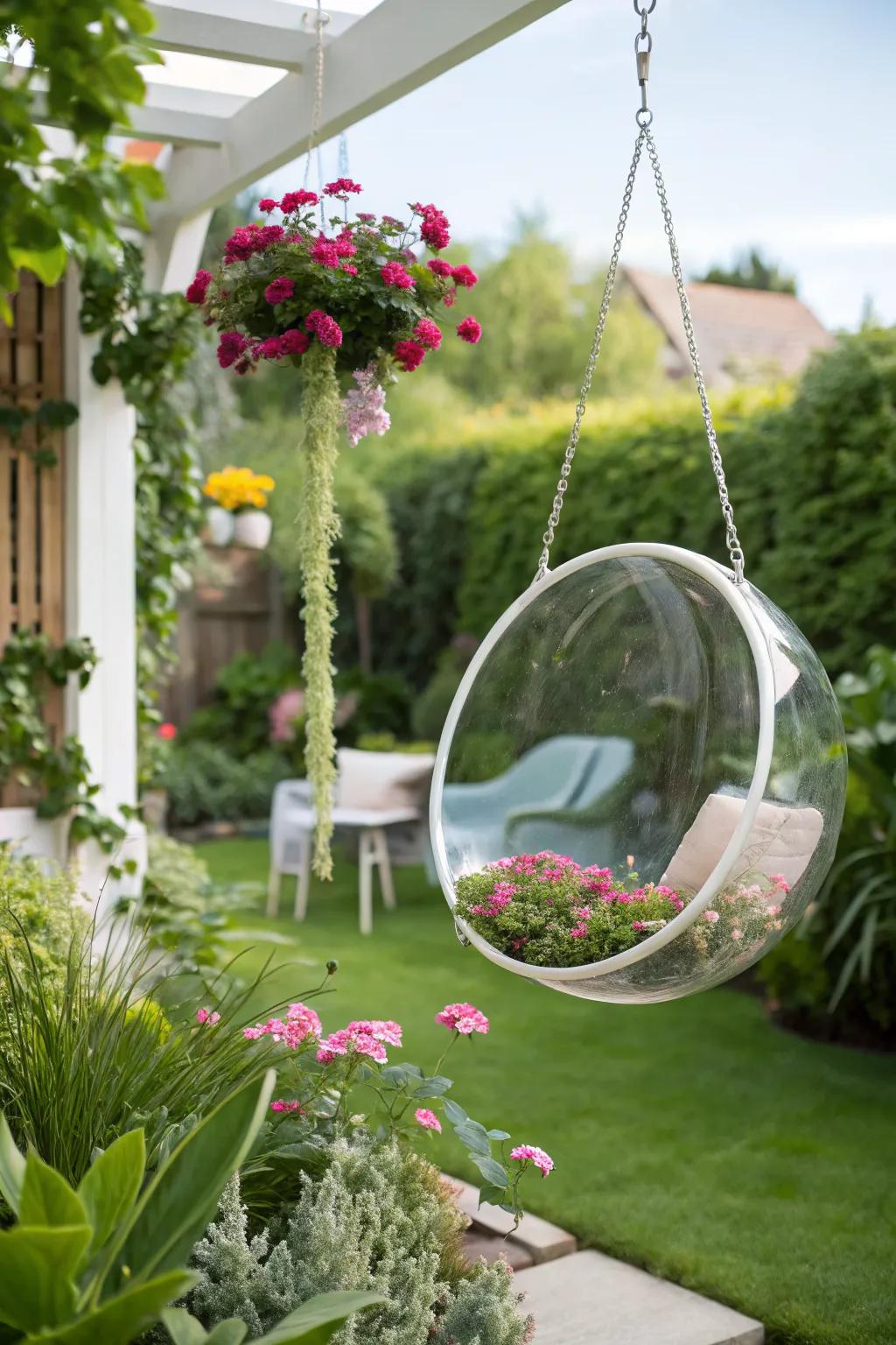 Acrylic bubble swings provide a modern, floating aesthetic.