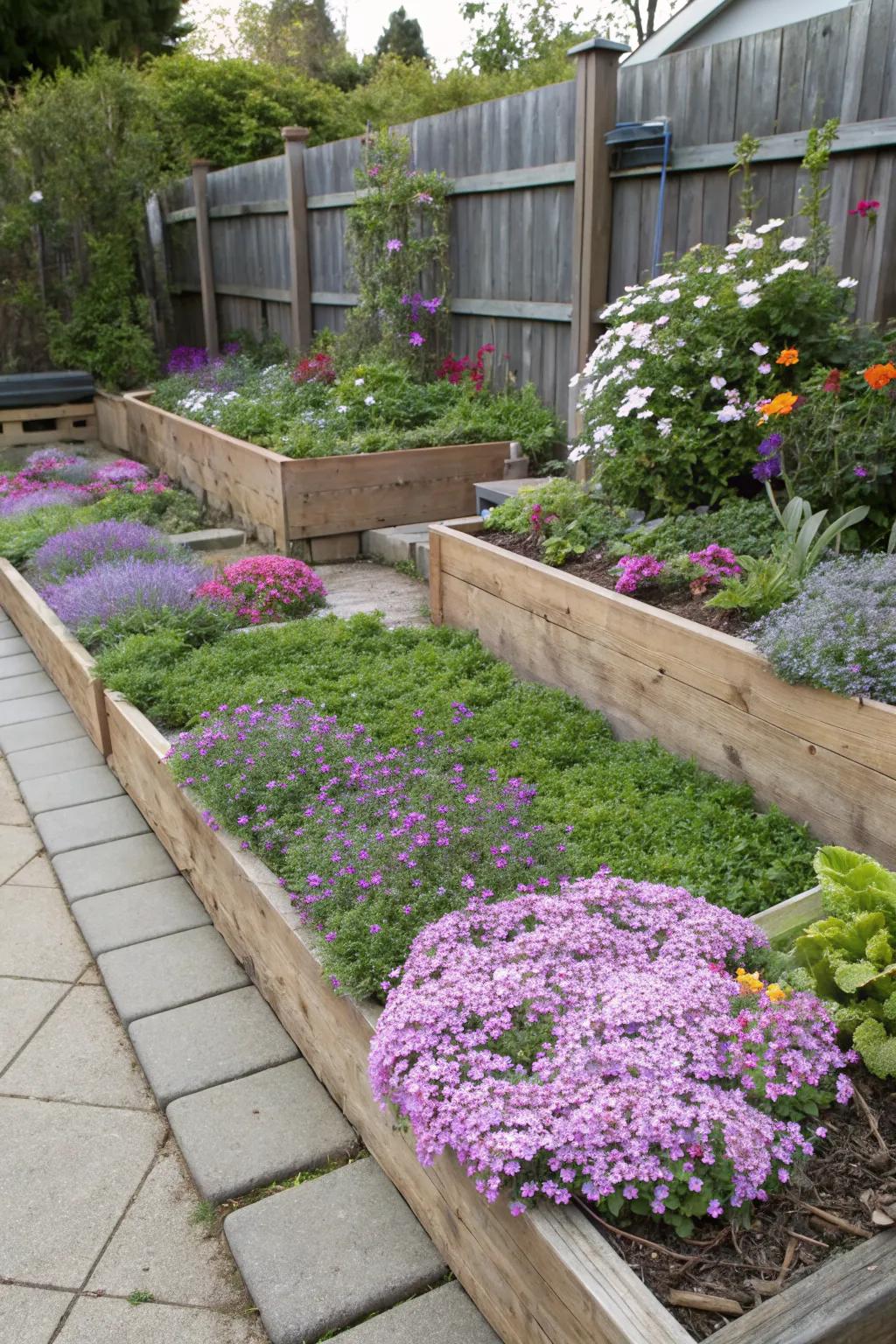 Creeping phlox softening the edges of raised beds.