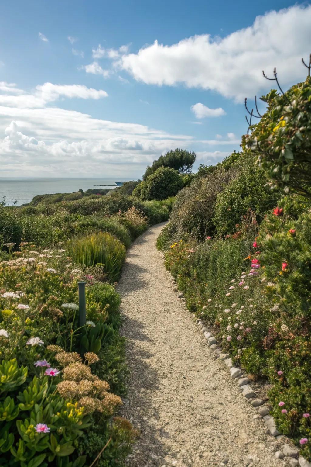 Pebble pathways offer a relaxed, coastal feel.