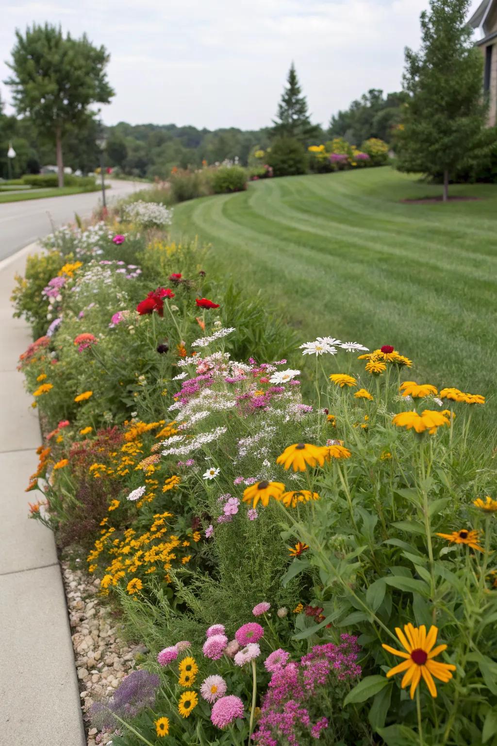 Wildflowers create a vibrant and lively berm.