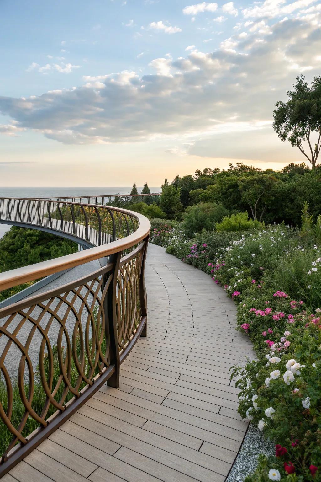 Curved railings that complement the deck's design.
