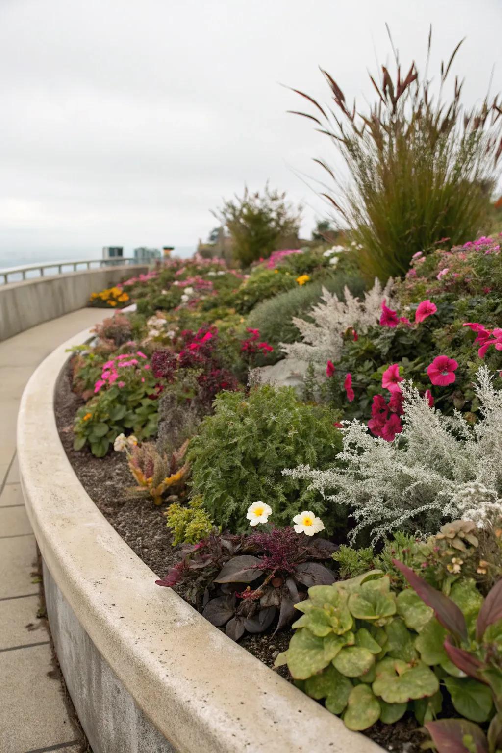 Textured plants highlight the curves of the flower bed.