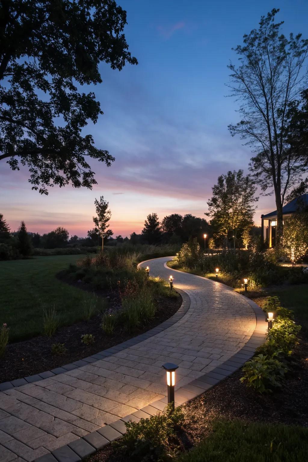 A curved walkway subtly lit with low-voltage lighting at dusk.