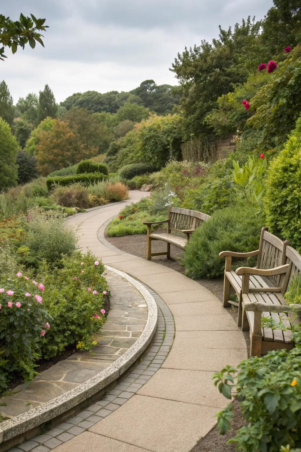 An inviting path with built-in seating for relaxation.