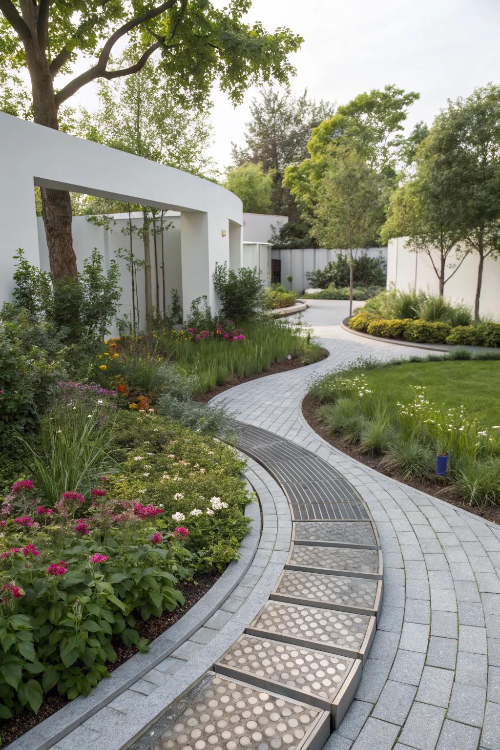 A modern metal paver walkway adding an industrial touch to the garden.