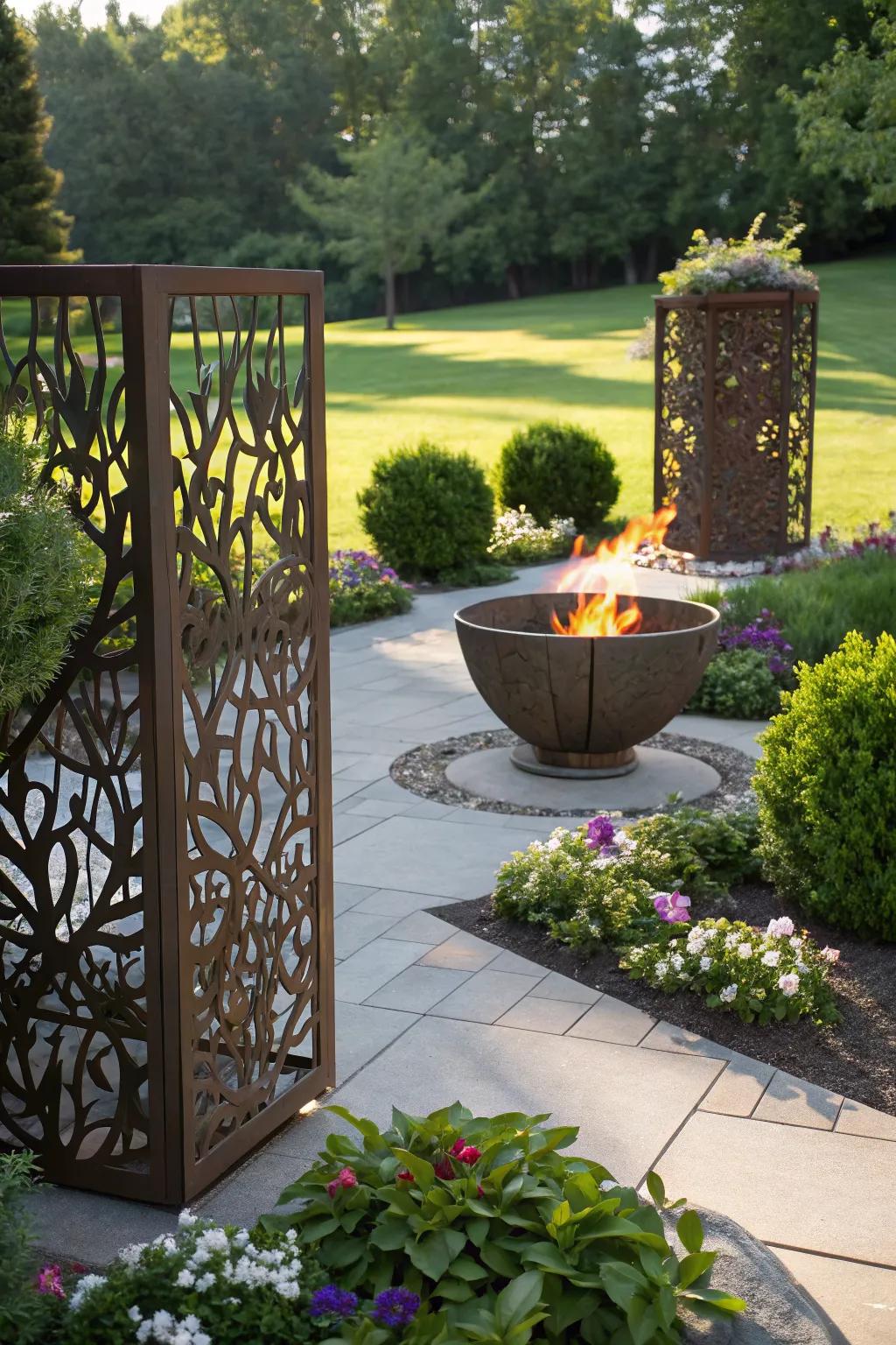 Artistic fire pits add a creative flair as the centerpiece of any garden.