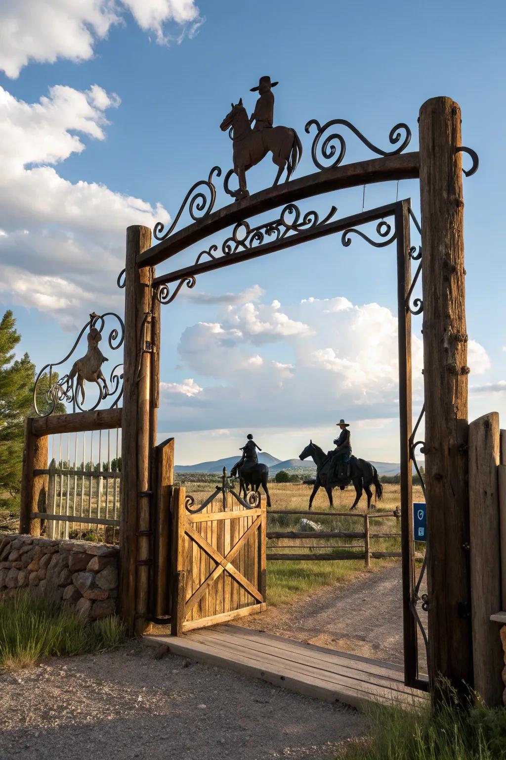 A themed design adds personal flair to this ranch gate.