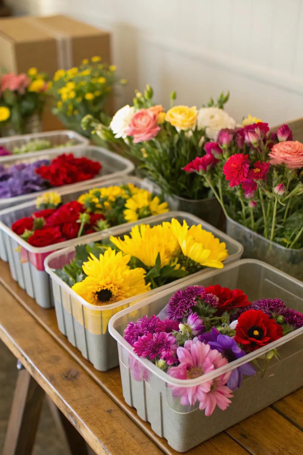 A vibrant collection of containers showcasing a variety of cut flowers.