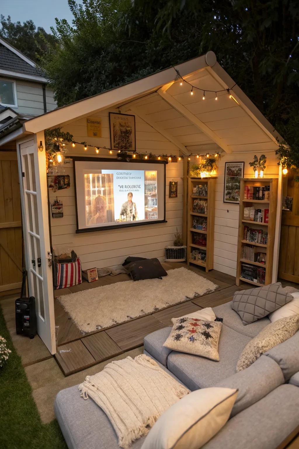 A backyard cinema with a projector and comfy seating.