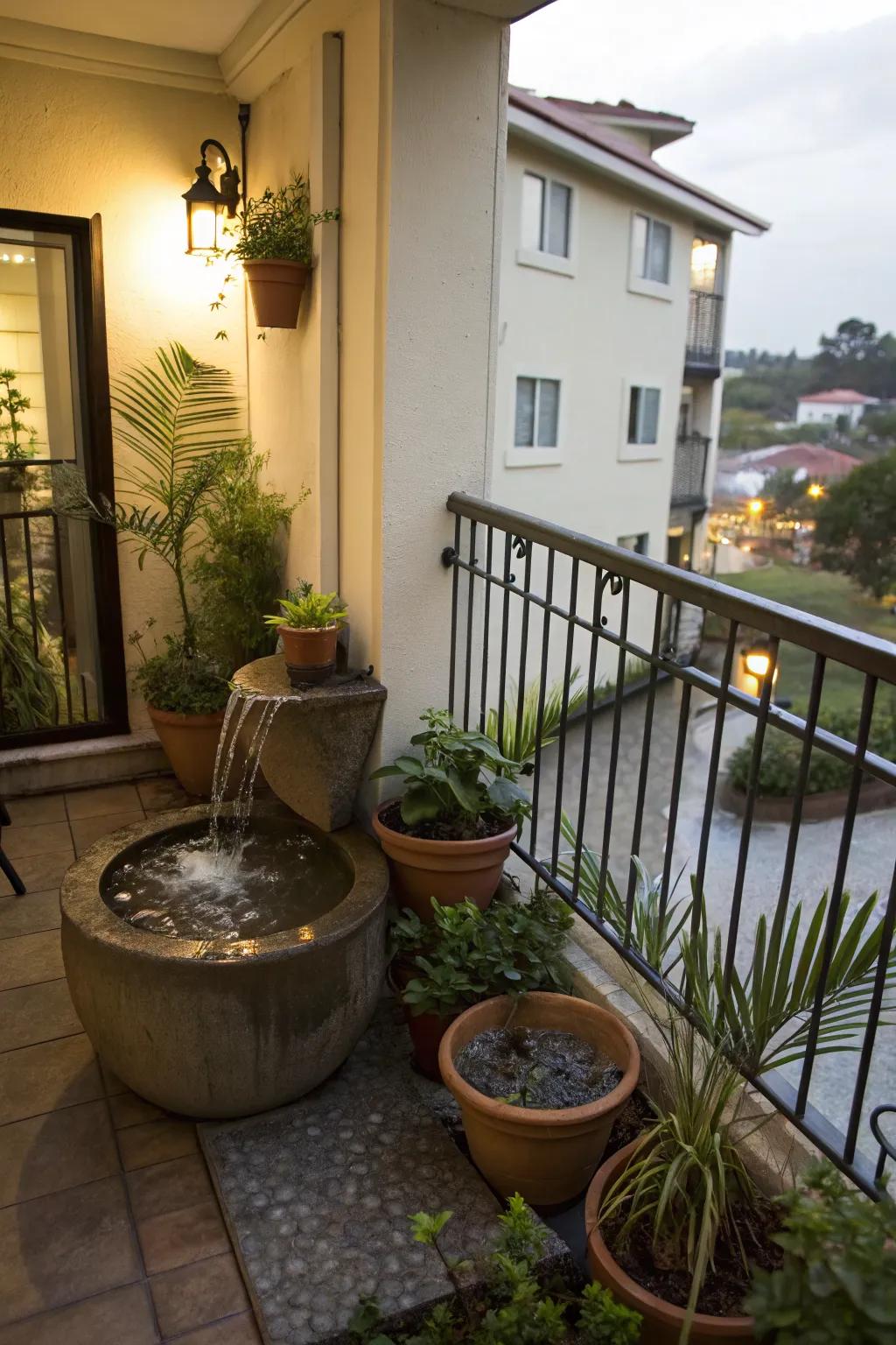 A small balcony featuring a charming water feature for added tranquility.