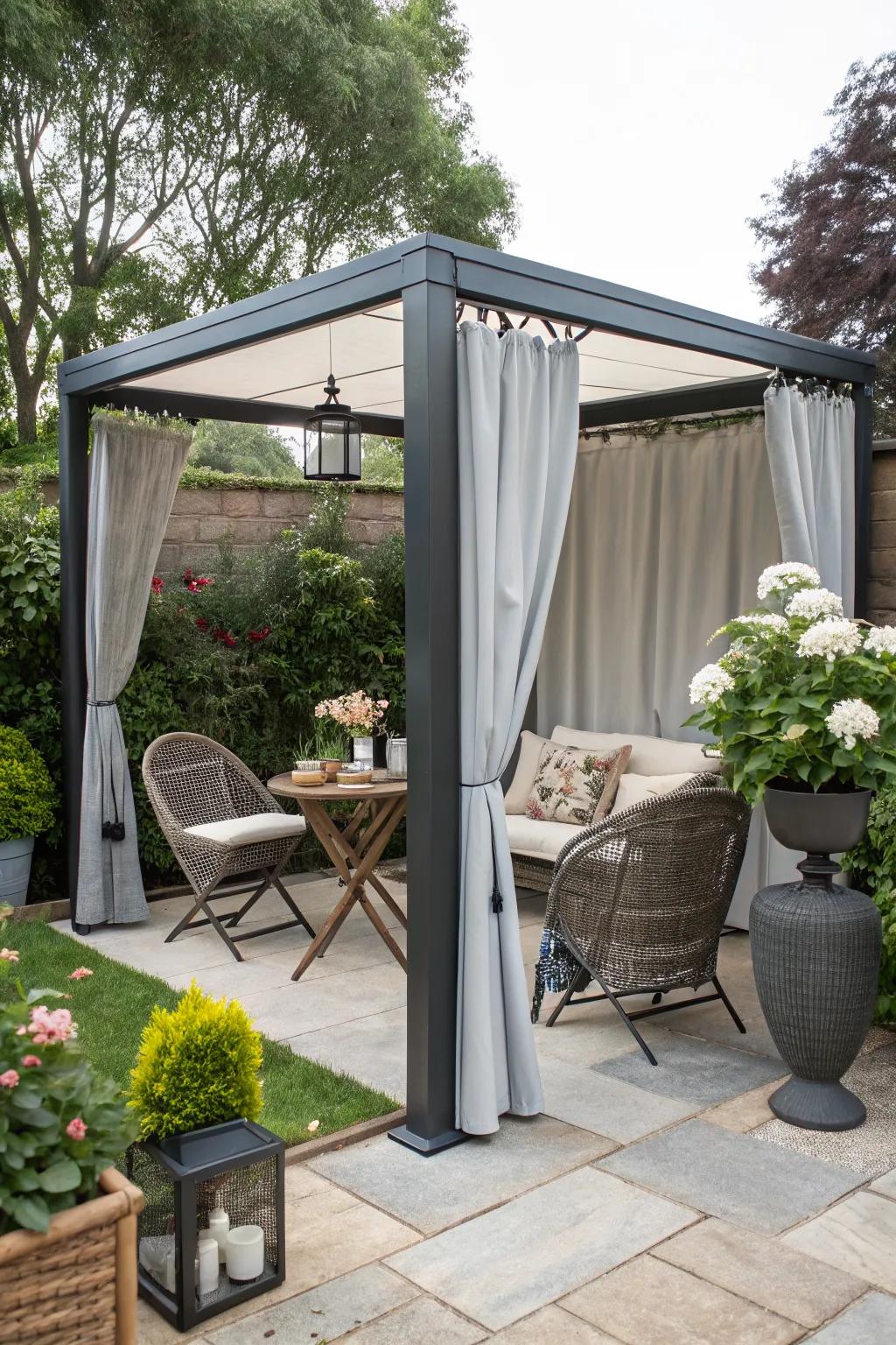 A canopy provides shade and elegance to a small patio