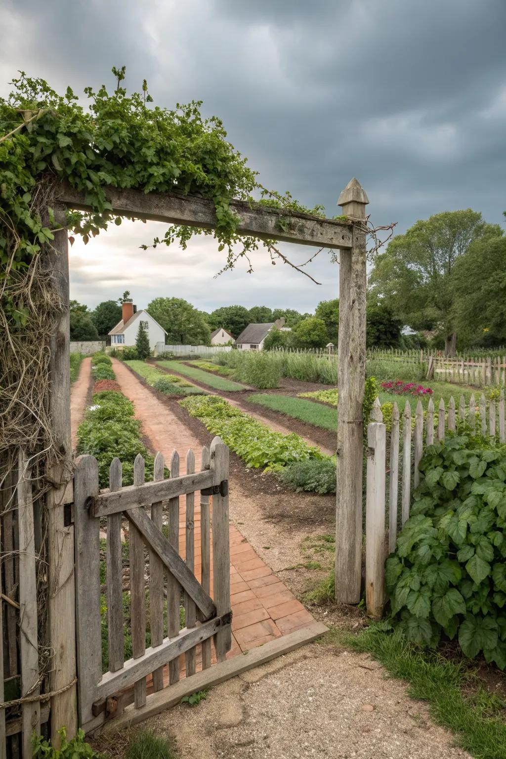A rustic gate adds charm and a welcoming touch to the garden.