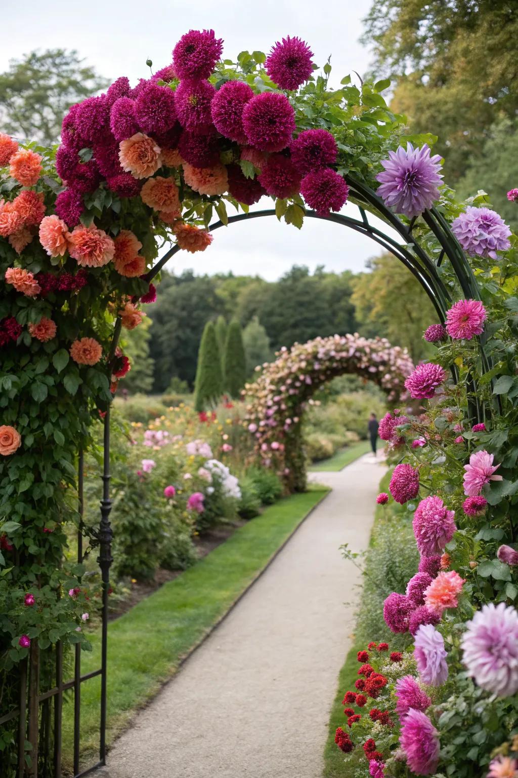 A dahlia archway provides a breathtaking garden entrance.