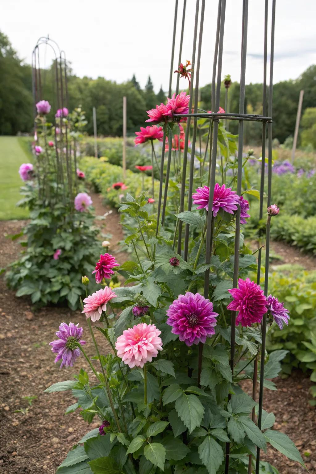 Metal rebar providing strong support for tall dahlias.