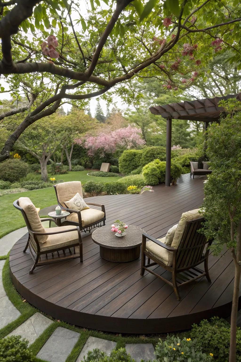 A round deck design adds a unique and intimate touch to the space.