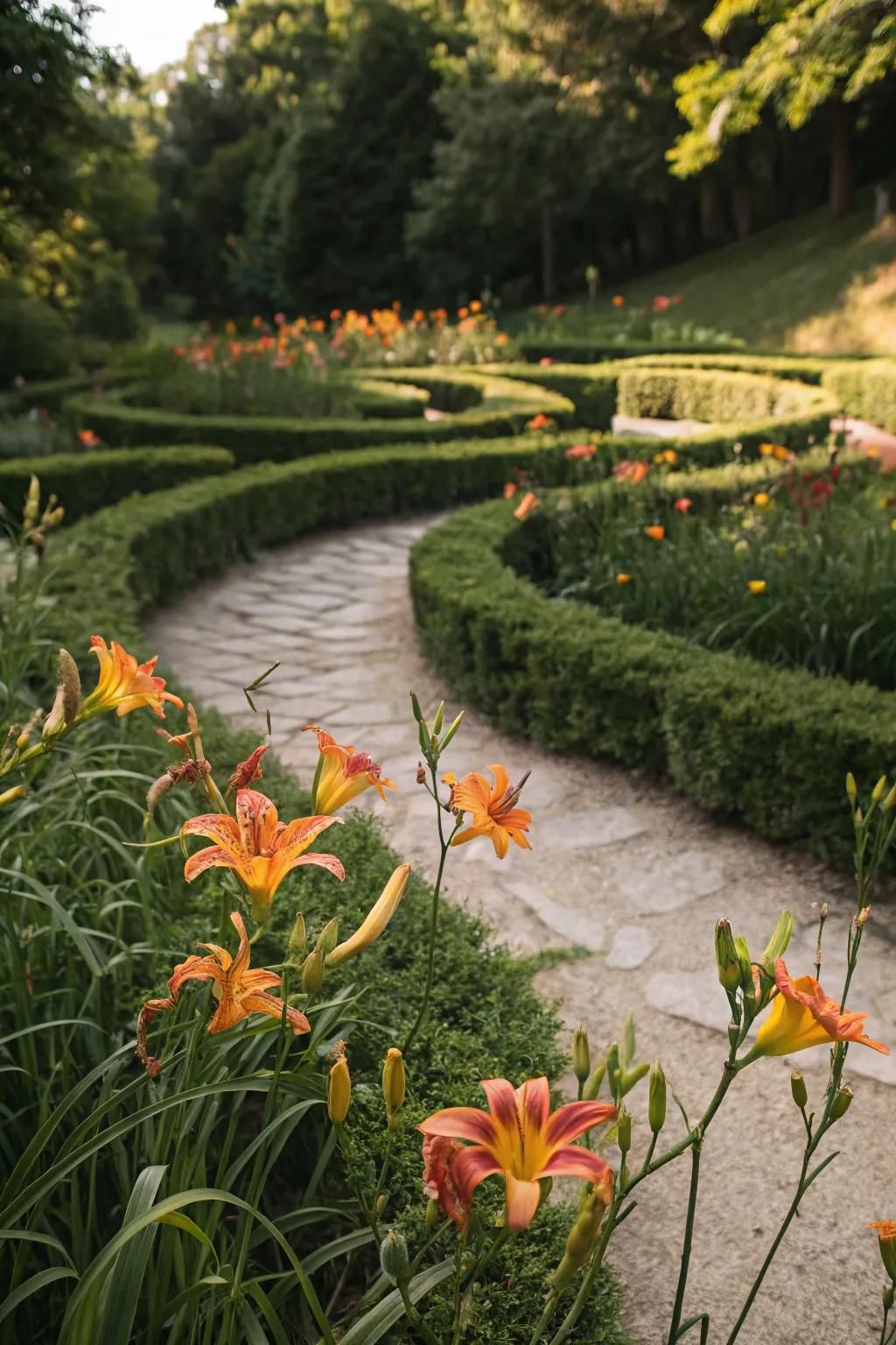 A whimsical daylily maze for interactive garden fun.