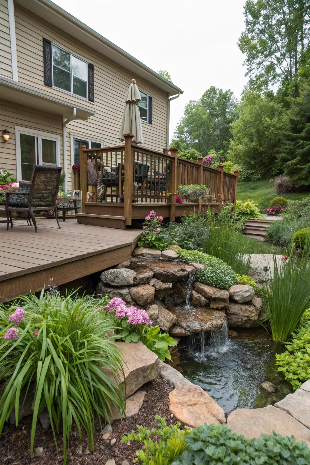 A small water feature adds tranquility to this deck environment.