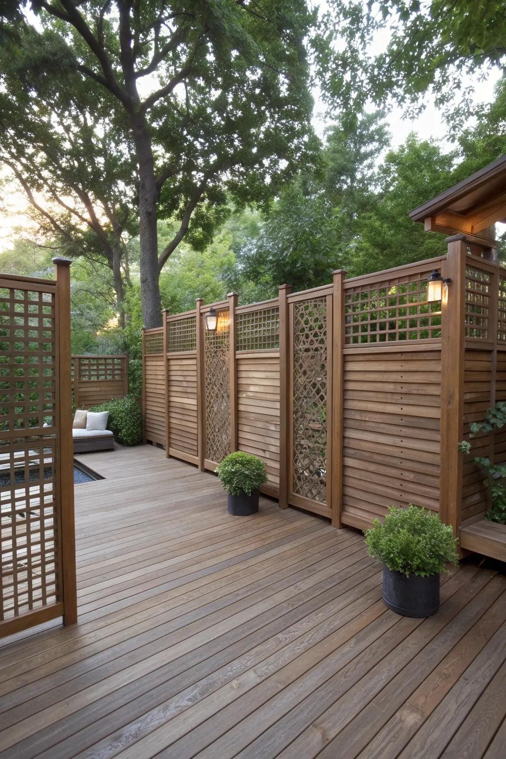 Privacy screens create a cozy, intimate deck space.