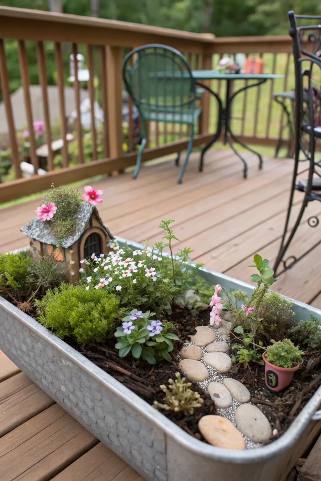 A fairy garden adds whimsy and charm to any deck.