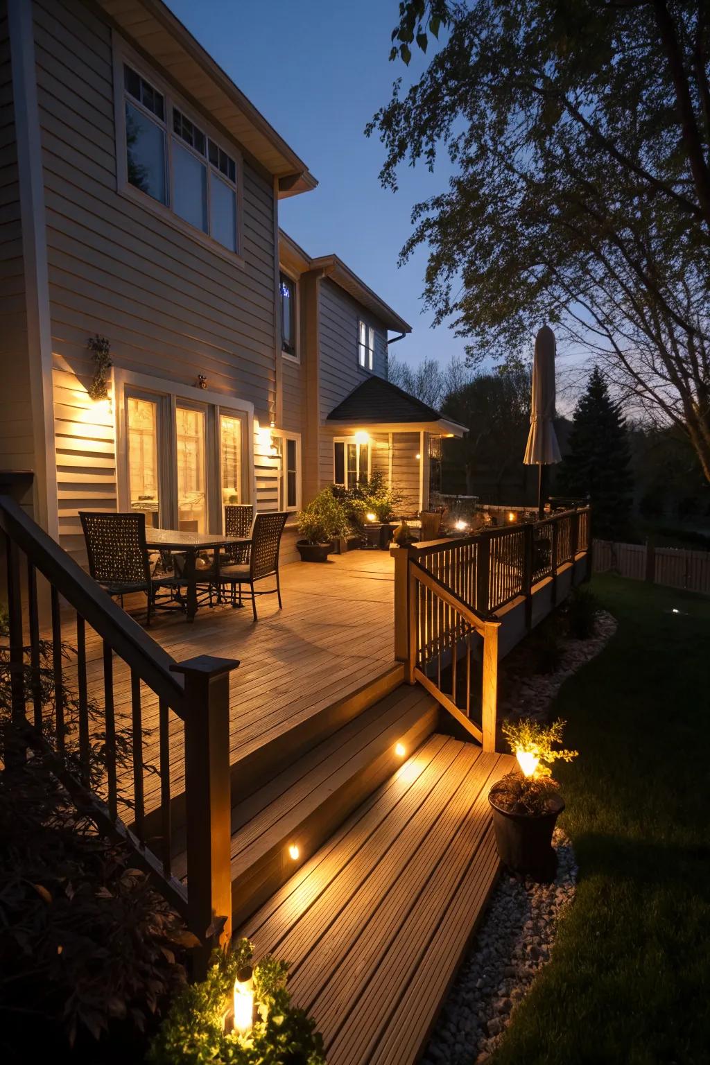 Innovative lighting enhances the deck's evening ambiance.