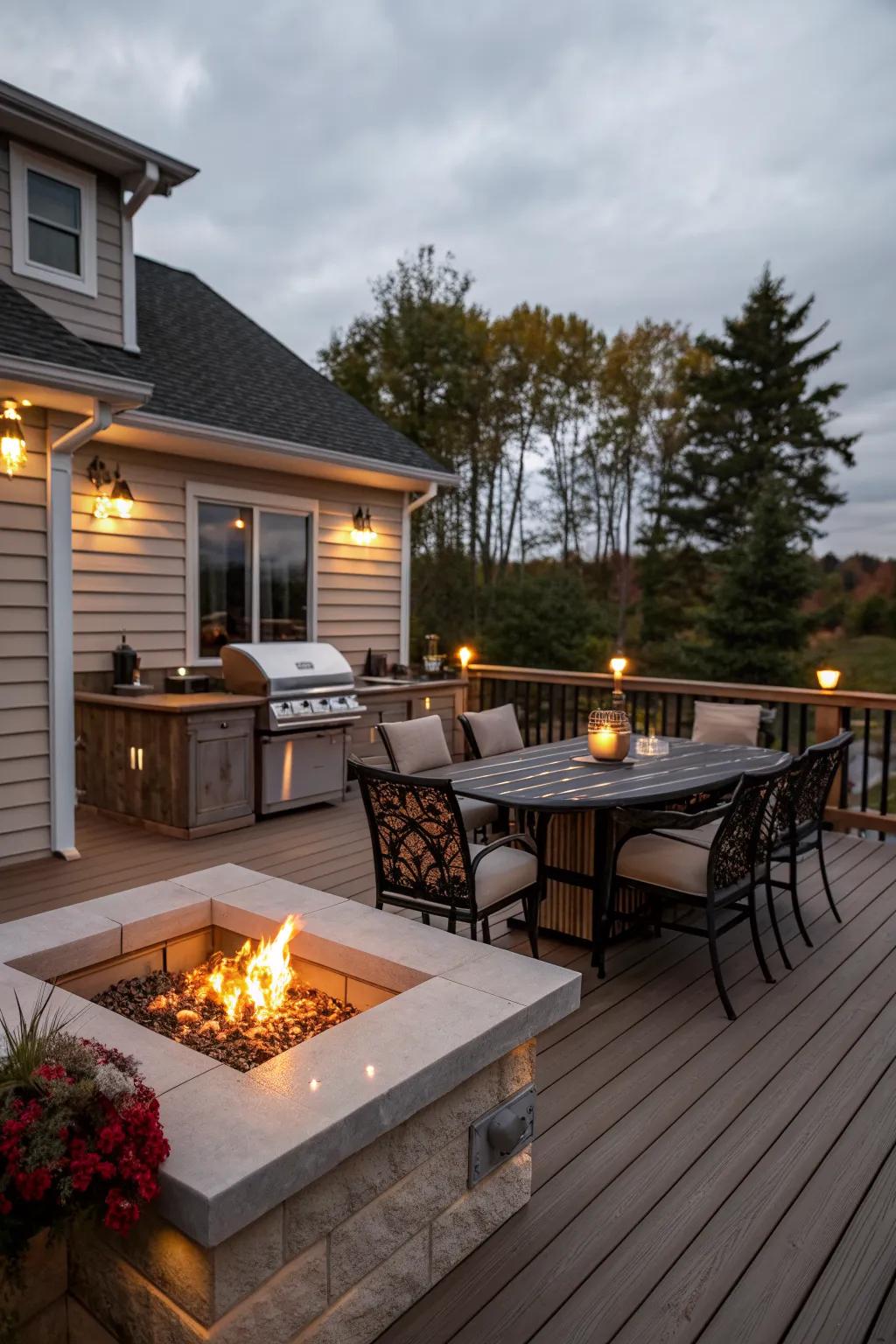 A fire pit adds warmth and a focal point for gatherings.