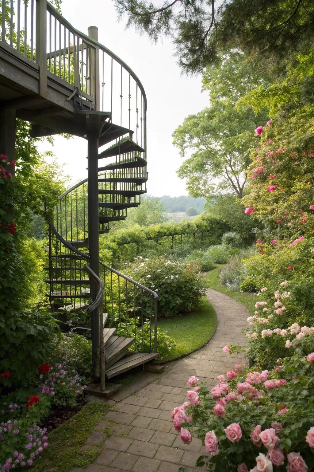 Deck landing featuring spiral stairs descending into the garden.