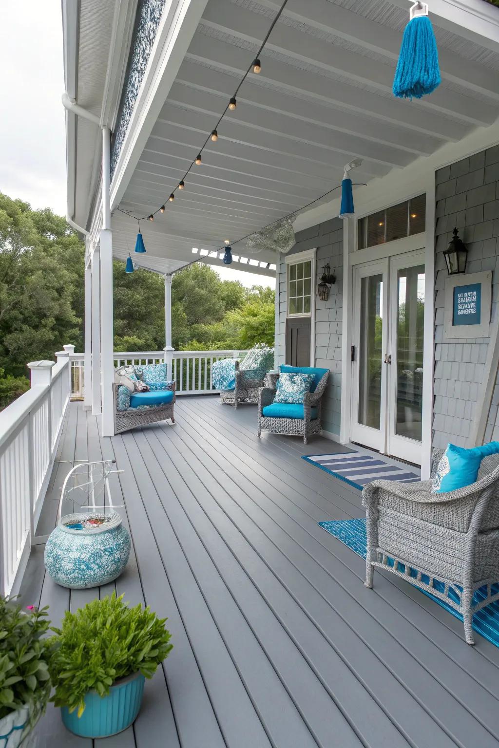 A cool and airy deck painted in gull wing gray.