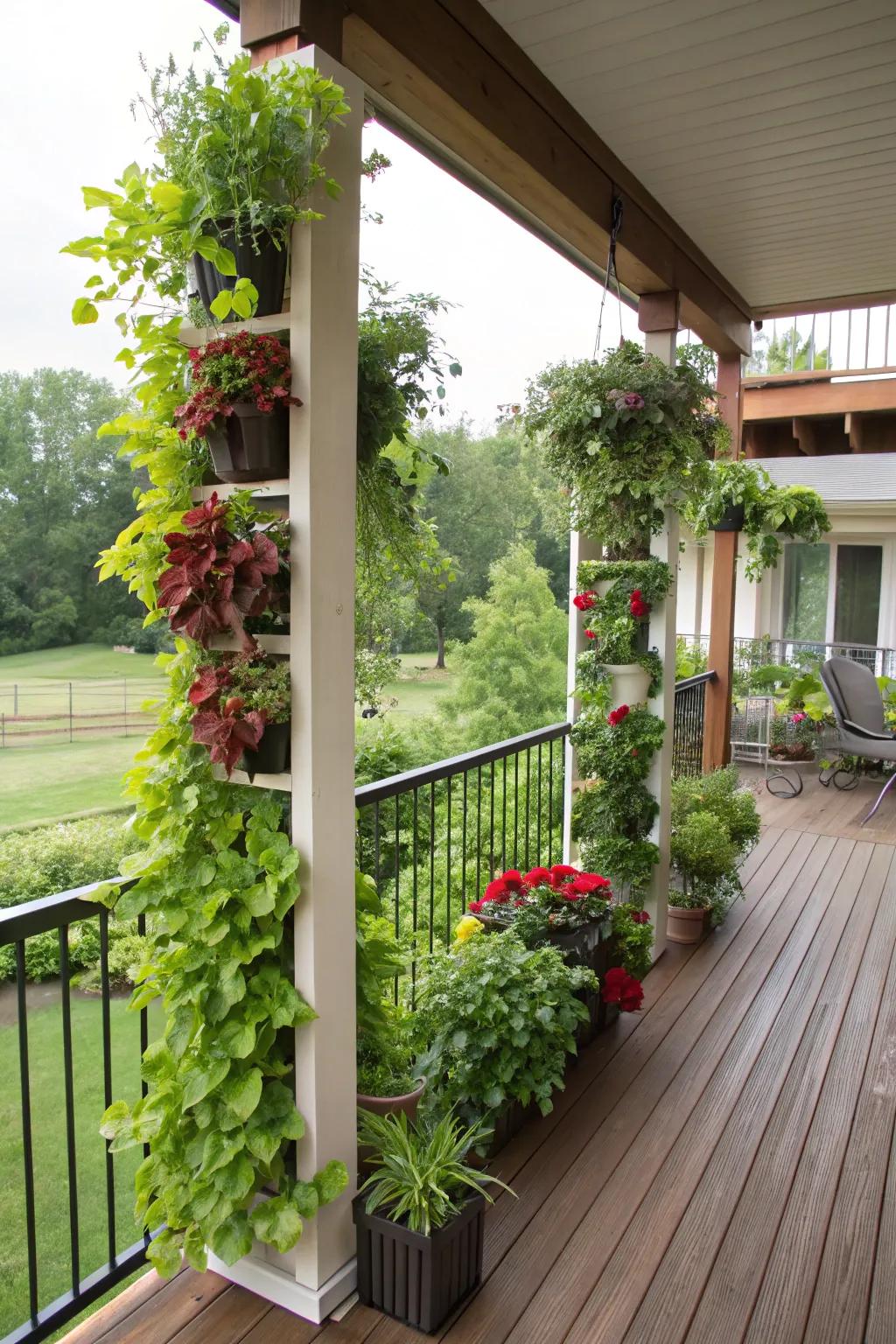 Vertical gardens on deck posts add lush greenery without occupying floor space.