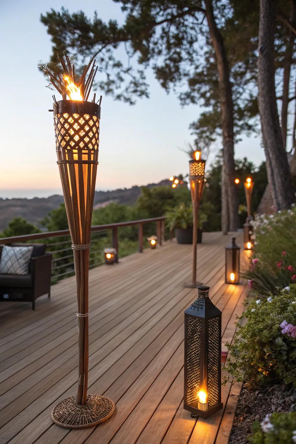 Deck with festive torch lights.