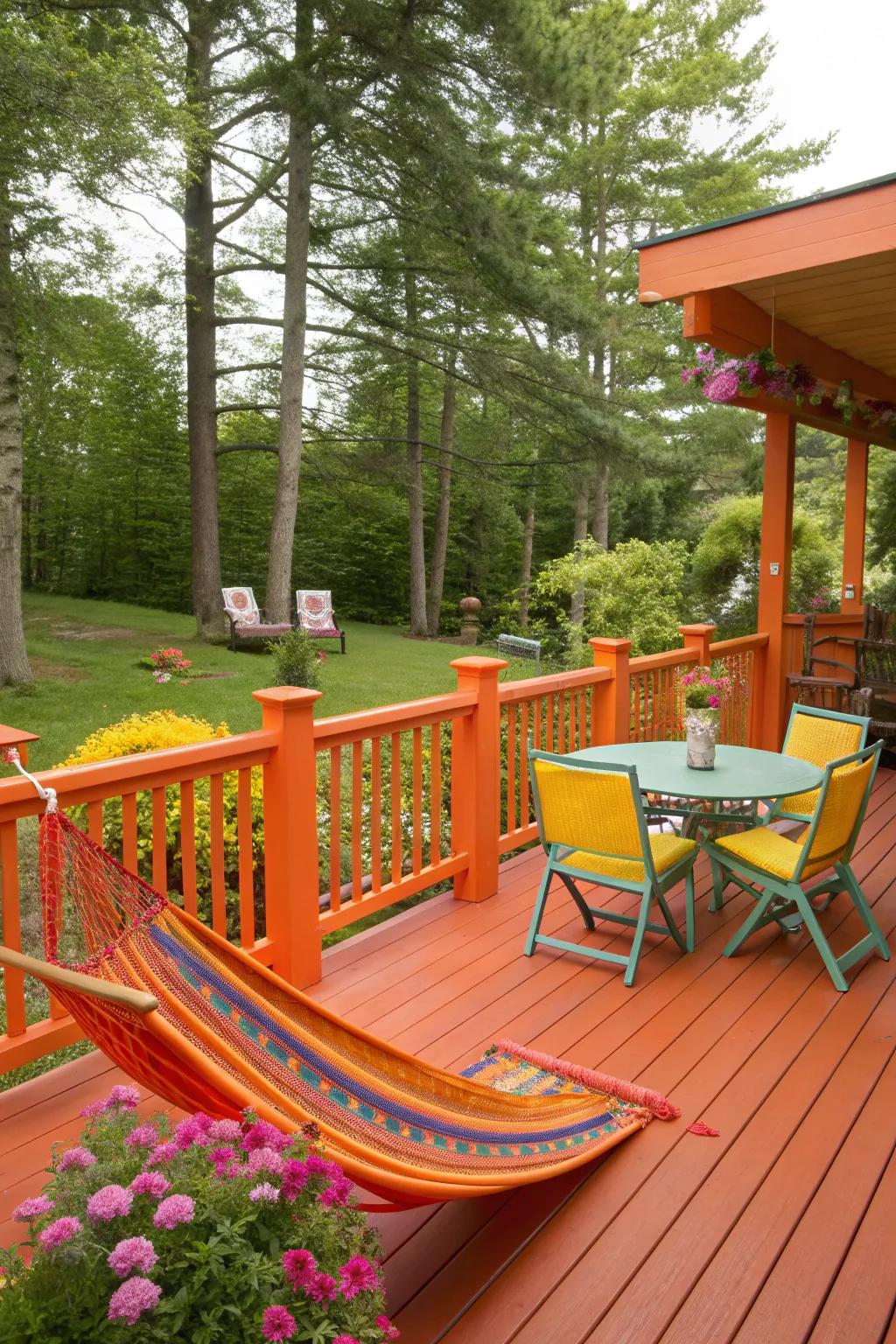 Vibrant orange railings bring energy and life to a deck.