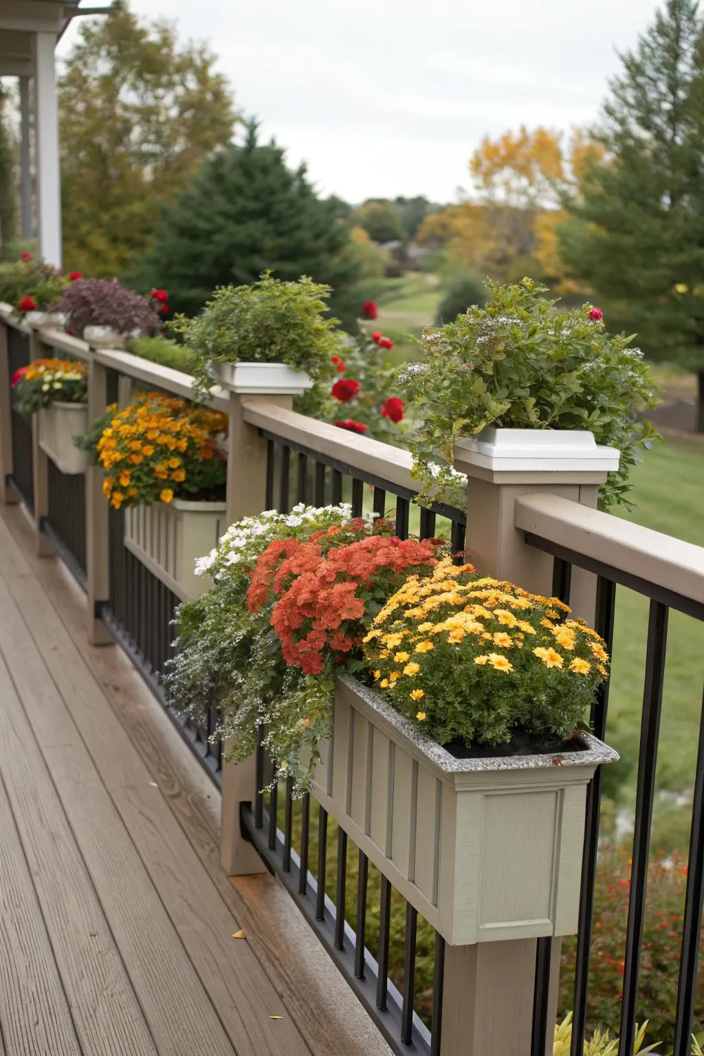 Seasonal flower rotation keeps your deck vibrant throughout the year.