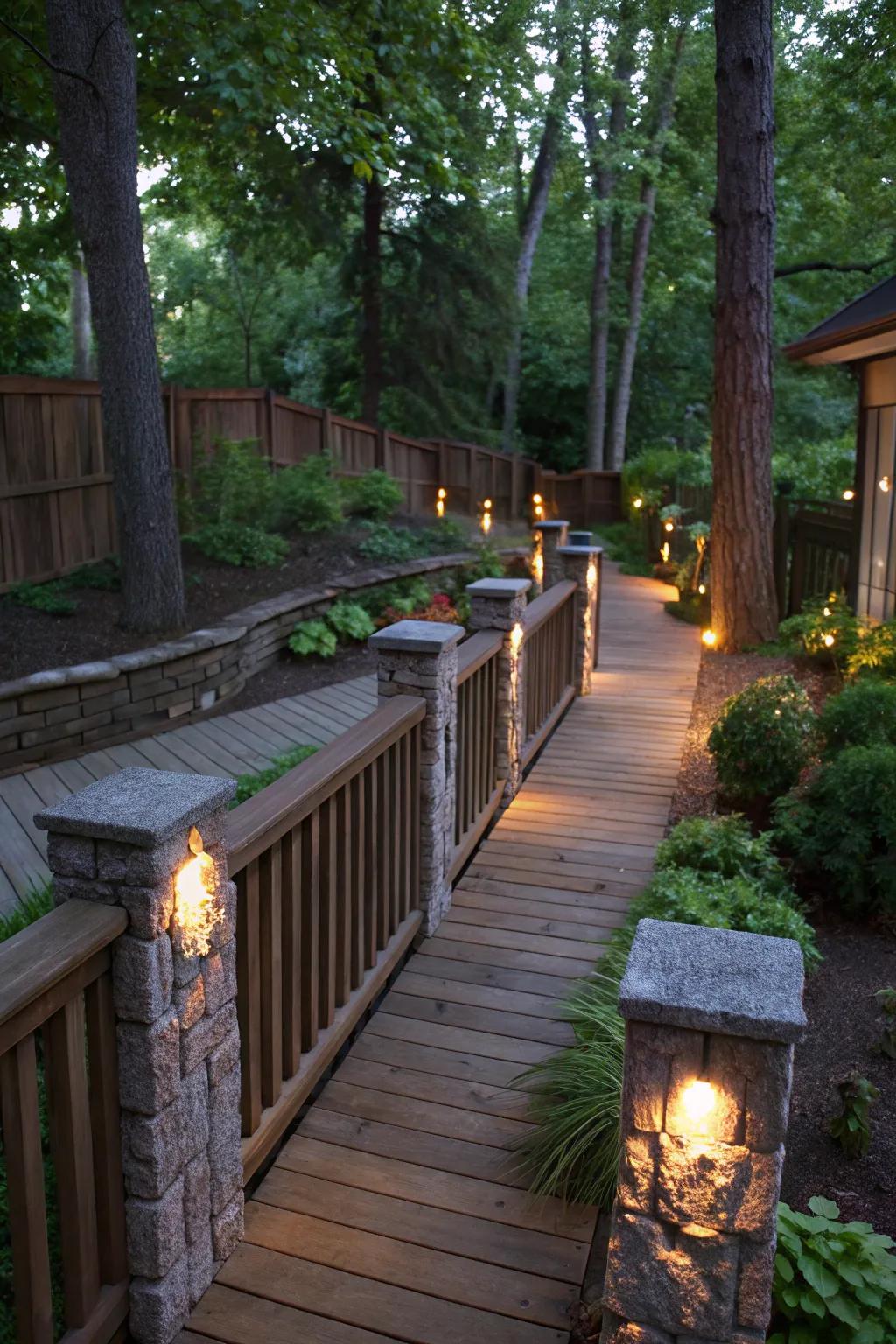 Embedded stone lights add a rustic touch to the deck.