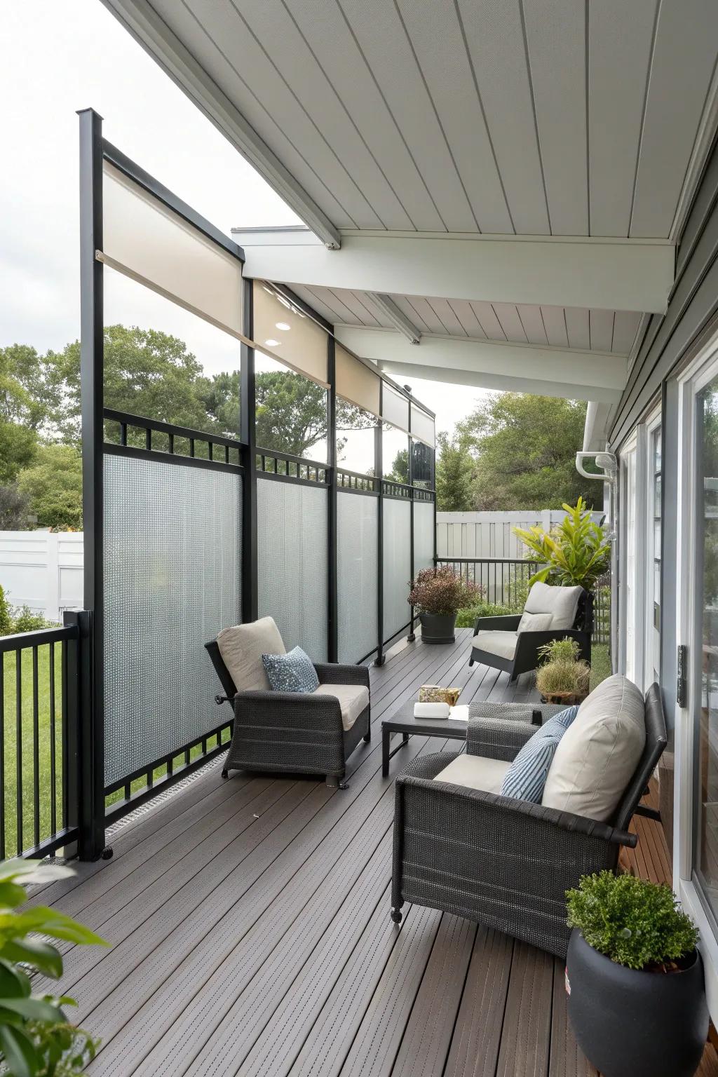 A private deck retreat, complete with contemporary privacy screens.