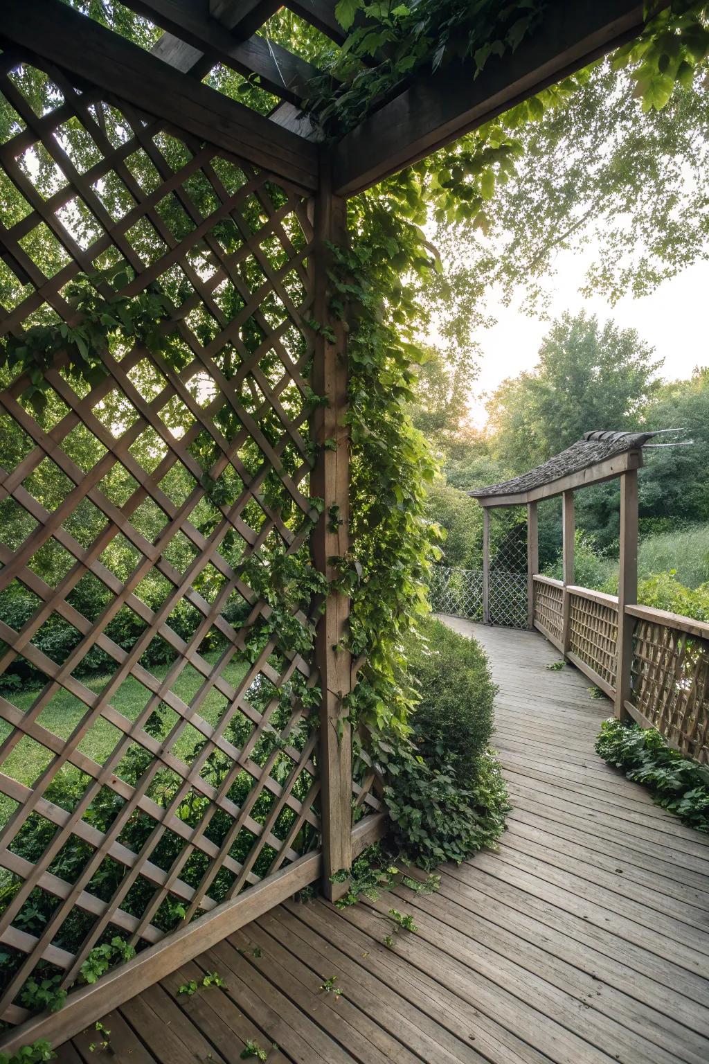 Lattice panels with vines offer classic beauty and privacy.