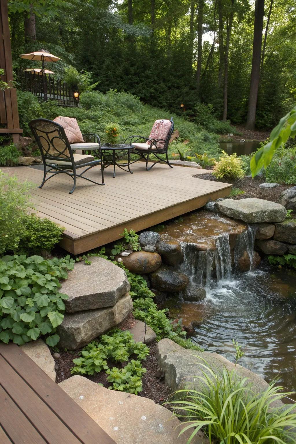 Waterfalls with seating turn decks into social sanctuaries.