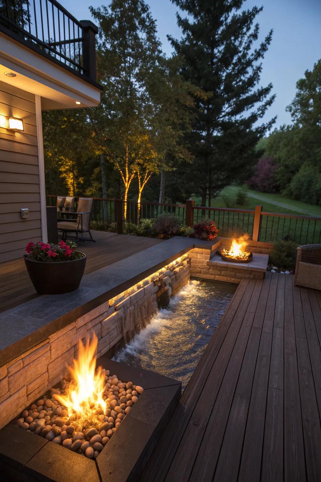 A fire and water combo adds dramatic flair to your deck.