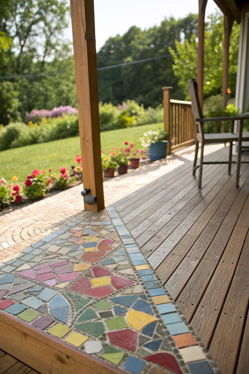 Mosaic tiles add a vibrant pop of color to your deck.