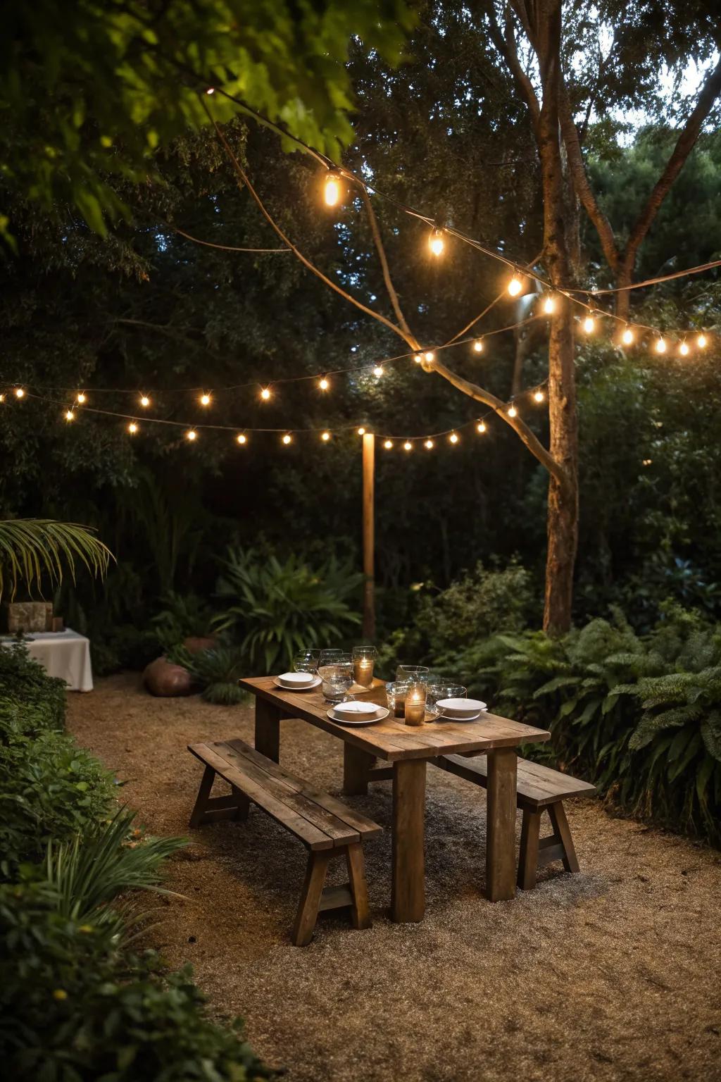 A rustic dining space on decomposed granite for lovely outdoor meals.
