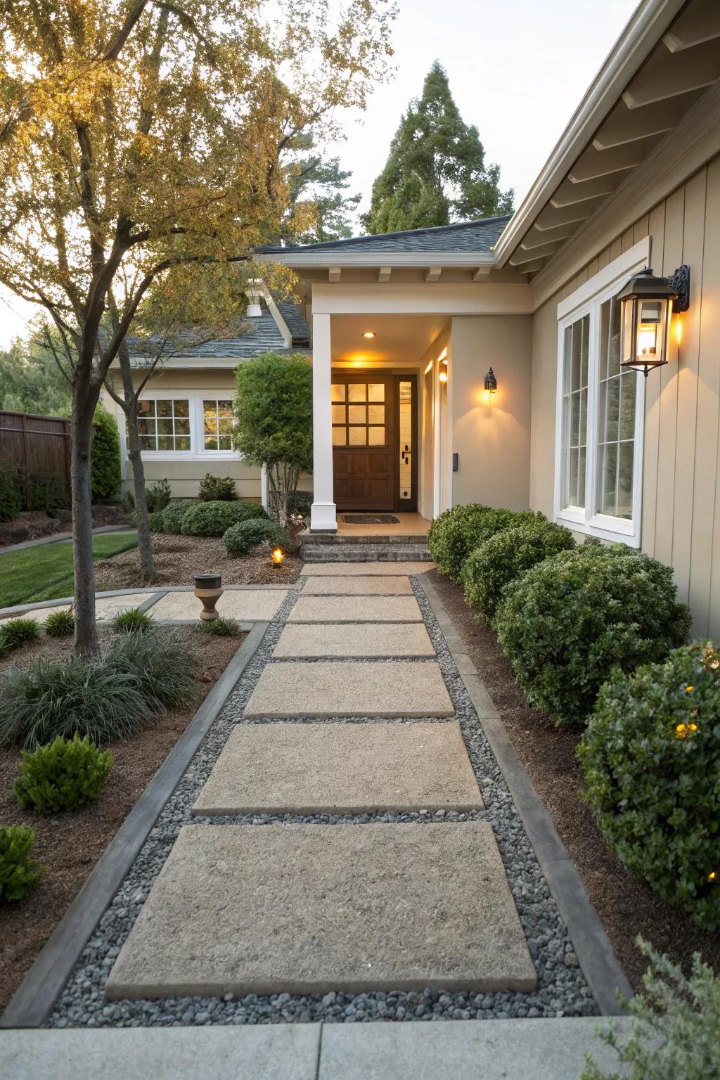 An inviting entryway with decomposed granite enhances curb appeal.
