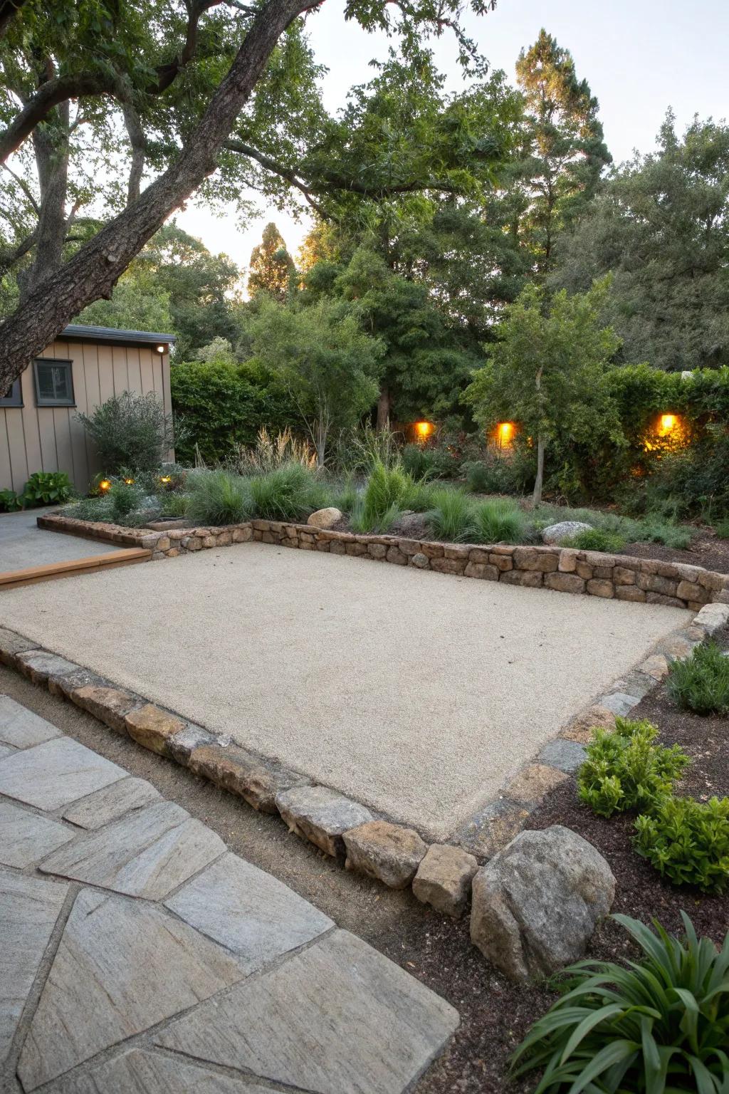 Stone edging provides a neat border for a decomposed granite patio.