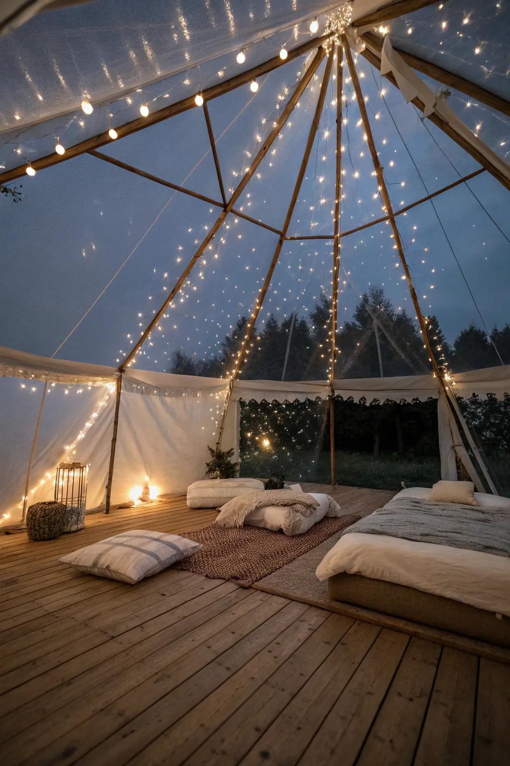 String lights create a starry night effect in this clear-top tent.