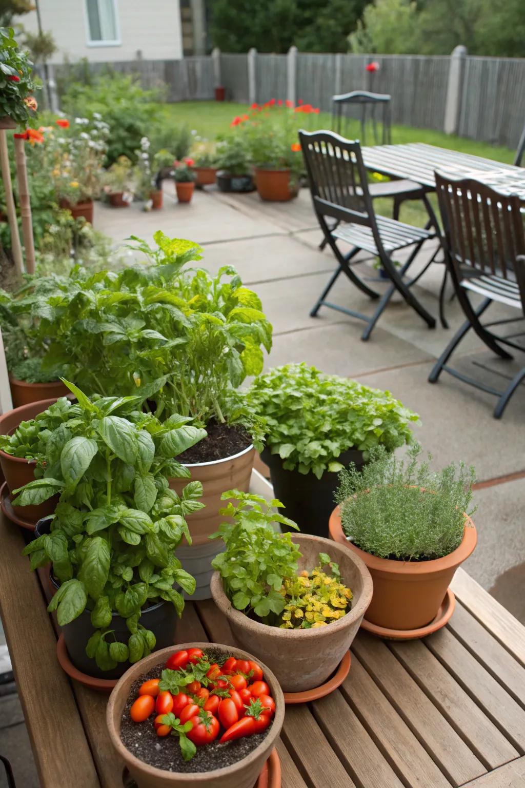 Edible plants like herbs and vegetables add a functional twist to the patio.