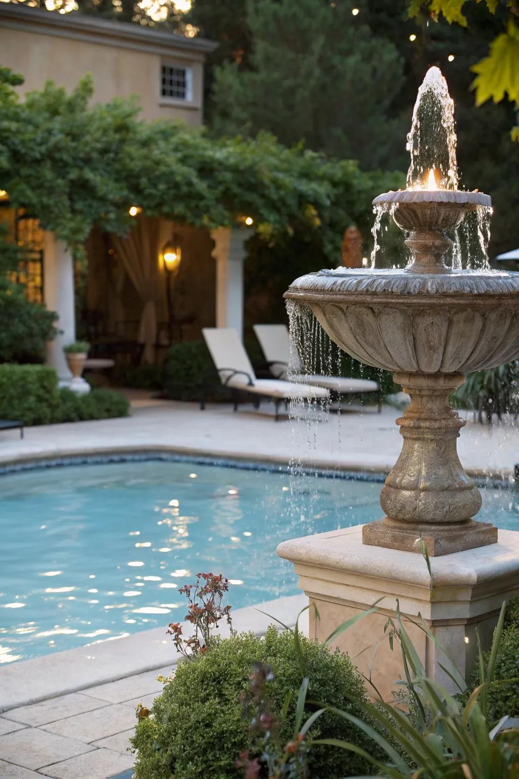 A small fountain introduces serenity by the pool.