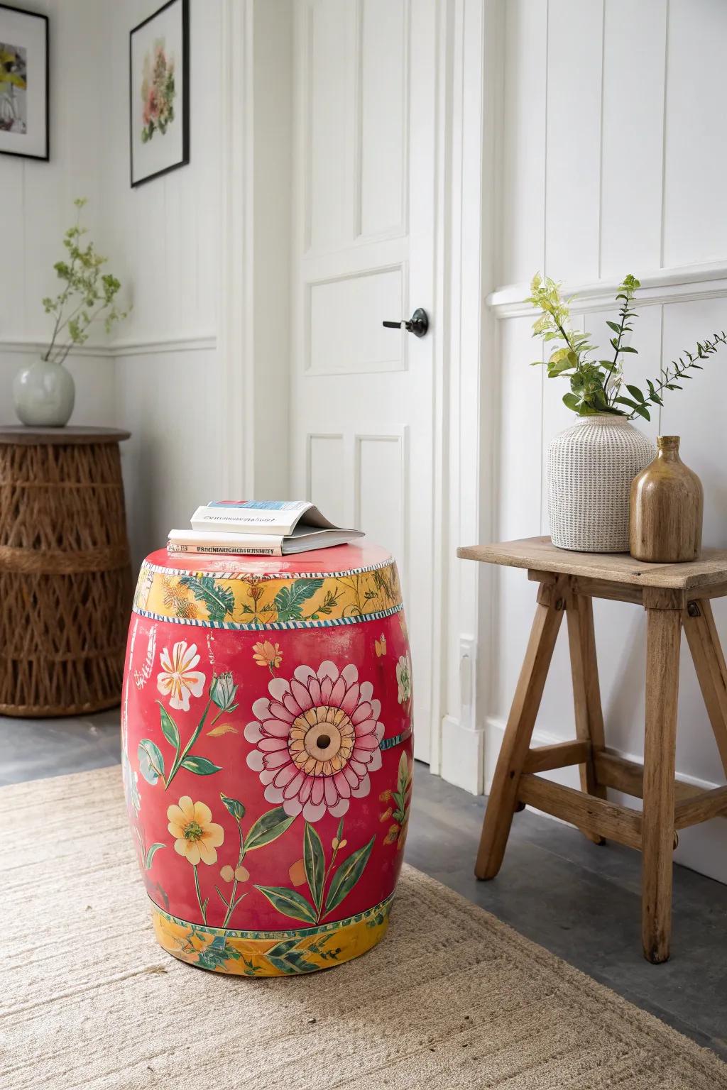 A neutral room where a colorful garden stool adds an energetic contrast.