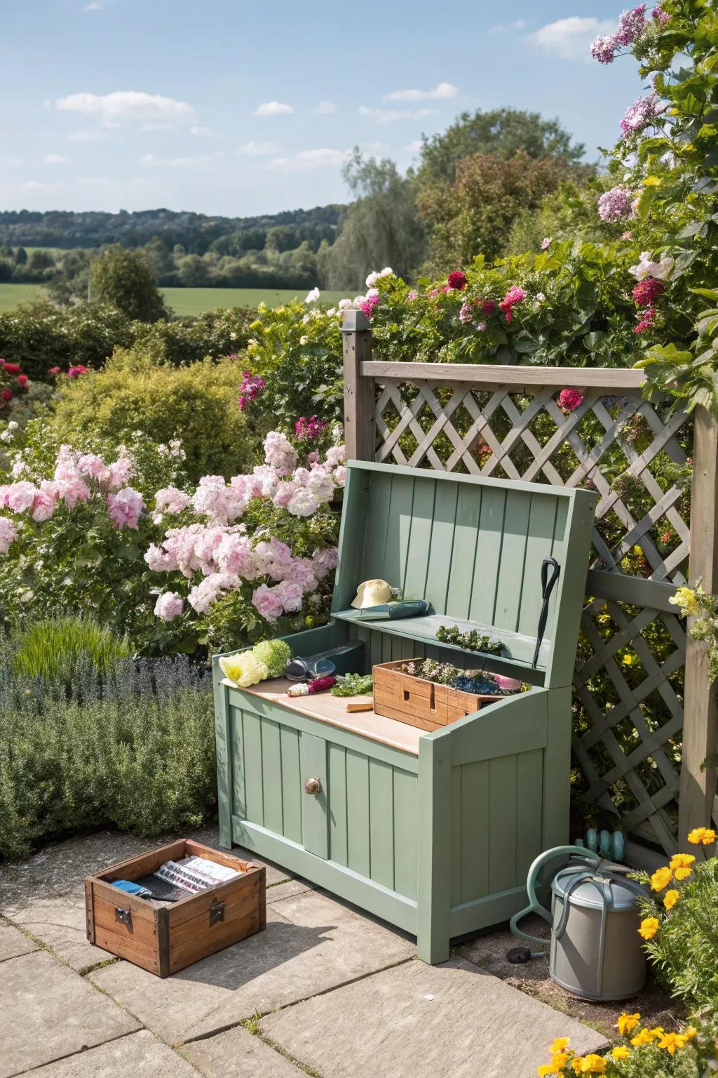 A storage bench keeps garden tools organized and within reach.