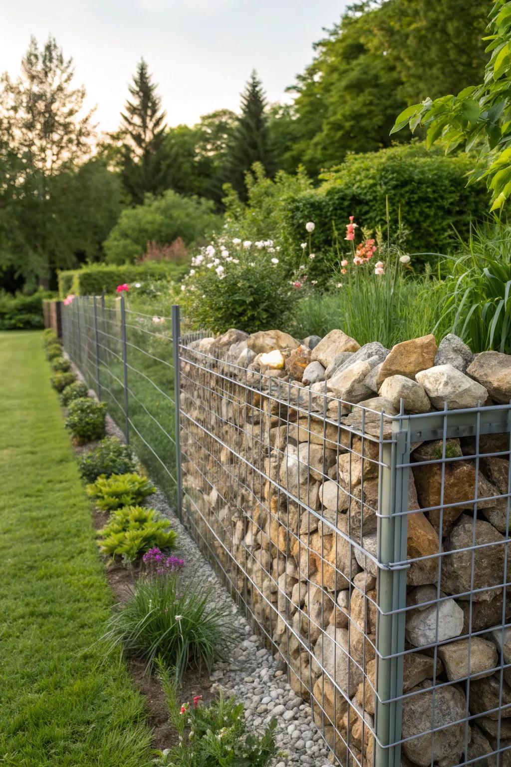 Natural stones give this gabion fence a rustic, earthy appeal that complements the garden.