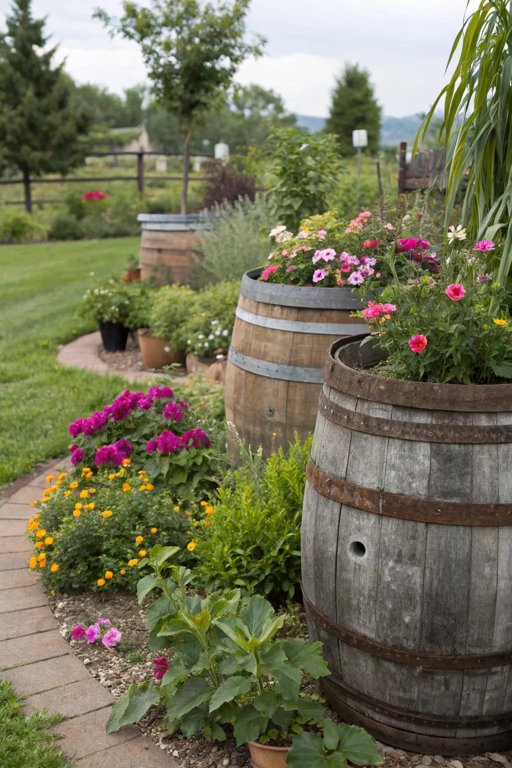 Rustic whiskey barrel planters bring charm and durability.
